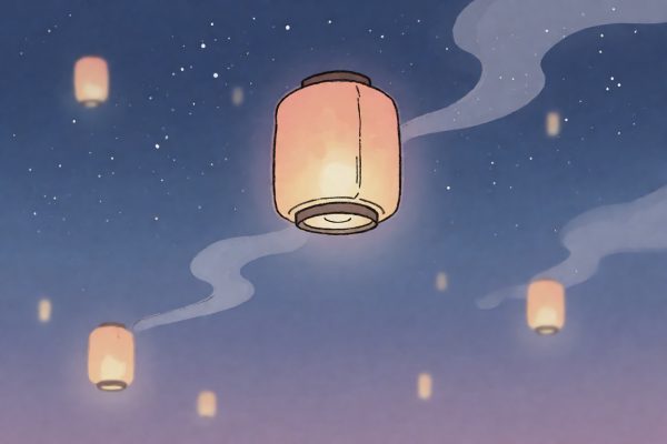 动漫分区代表卡封面,手绘风格夜空与灯笼,画面安静