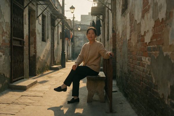 短剧《旧巷春信》风格的都市巷弄场景封面,黄昏光线穿过老墙,画面低饱和