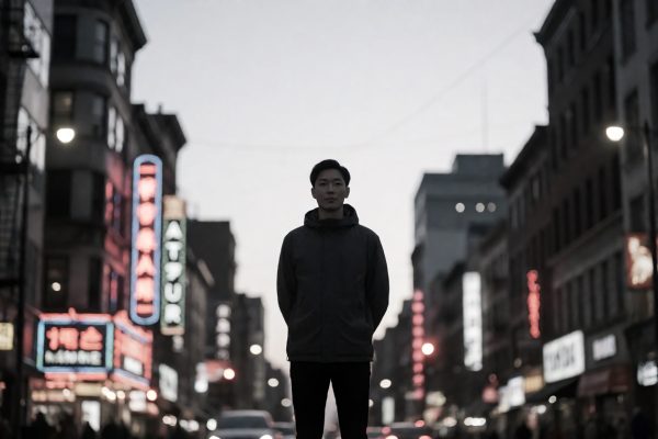 短剧分区代表卡封面,都市街景与人物剪影,低饱和色调
